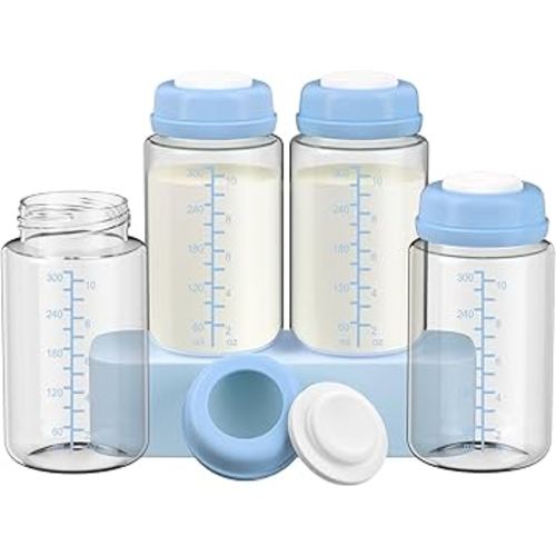 4 Pack 10oz Wide-mouth Breastmilk Storage Bottle for Momcozy 22oz Portable Breast Milk Cooler, Pumping Storage Containers Compatible with Spectra S1/S2/9 Plus/SG/Motif Luna (4PC/Blue Lids)