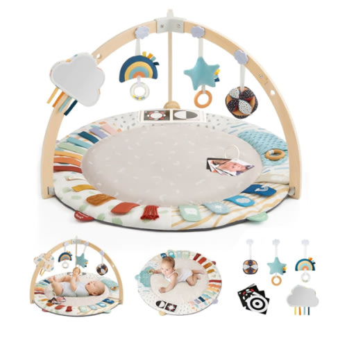 Blissful Diary Baby Play Gym & Activity Mat, 5 Developmental Zones Wooden Tummy Time Mat with 5 Detachable Sensory Toys for Motor Skills & Sensory Development, Baby Essentials Shower Gift