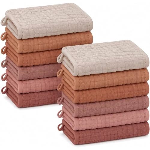 SWEET DOLPHIN 12 Pack Baby Muslin Washcloths - Face Cloths for Newborn, Absorbent Bath Wash Cloths, Wipes, Burp Rag - Toddlers Essentials Stuff, Baby Registry as Shower -10"x10", Neutral Retro