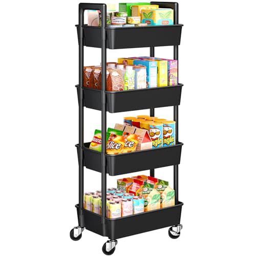 Pipishell 4-Tier Rolling Cart, Plastic Cart with Lockable Wheels & Reinforced Handle, Lightweight Utility Storage for Nursery, Bathroom, Craft Room, Black