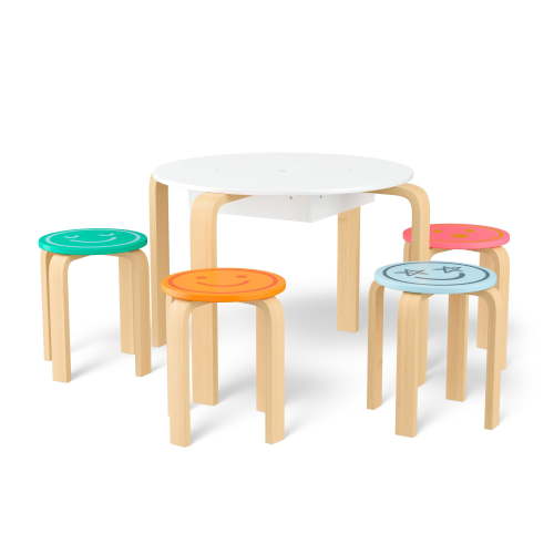Mainstays Kids Get Happy 5-Piece Play Table and Chair Set, Natural Teak and Multicolor