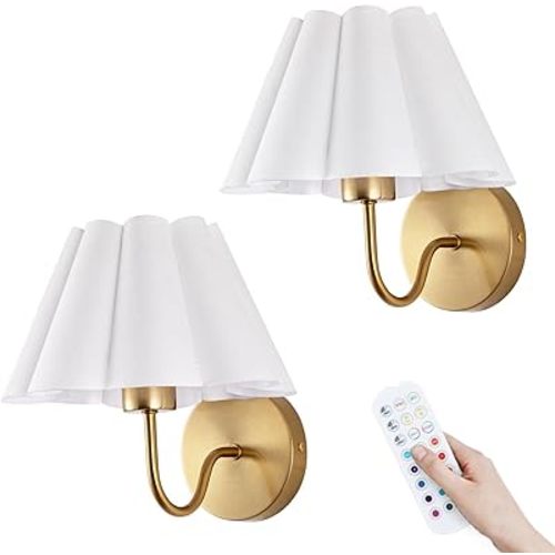 Battery Operated Wall Sconces Sets of 2, Indoor not Hardwired White Fabric lampshade Fixtures,Rechargeable Wireless 10 Colors Wall Lights with Dimmable Remote Control