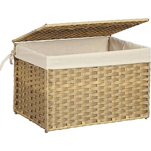 SONGMICS Storage Basket with Lid, 17.2 Gallon (65L) Storage Bin, Woven Blanket Storage Basket with Handles, Foldable, Removable Liner, Metal Frame, for Bedroom, Laundry Room, Natural URST56NL