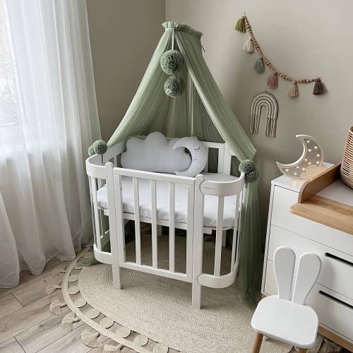 Green Salvia Crib canopy, Baldachin for baby boy girl, canopy for nursery with holder, Custom baldachin with pompoms, cot baldachin