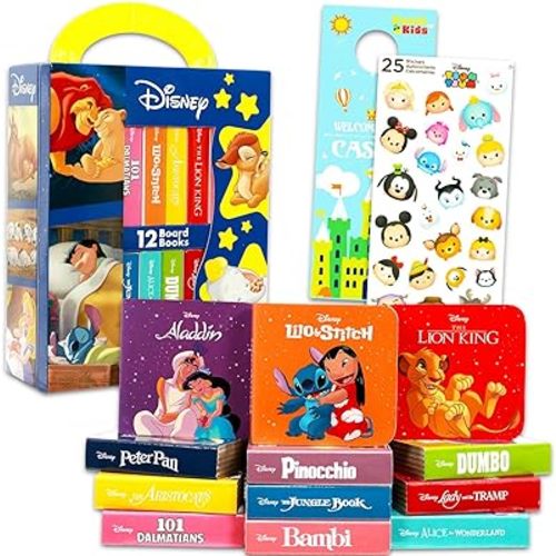 Disney Bedtime Stories Board Books Set Toddlers Babies Bundle - Pack of 12 Chunky My First Library Stackable Blocks Featuring Stitch, Lion King, More Plus Stickers | Disney Books for Infants