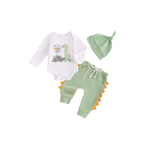 Hirigin Newborn Baby Boy Coming Home Outfit Hello I'm New Here Long Sleeve Romper Dinosaur Print Pants Hat 3Pcs Clothes Set