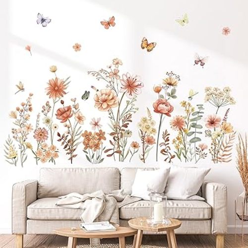 wondever Boho Wildflower Wall Stickers Garden Flowers Grass Peel and Stick Wall Art Decals for Living Room Girls Room Bedroom