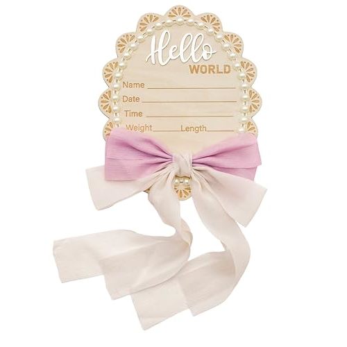 Wonhibo Pearl & Bow Newborn Announcement Sign - Baby Hospital Photo Prop Wooden Name Board Card for Birth Welcome Hello World for Girls