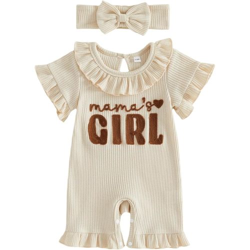 Newborn Baby Girl Summer Outfit Romper Daddy Girl Heart Embroidery Ruffle Jumpsuit Infant Waffle Knit Clothes