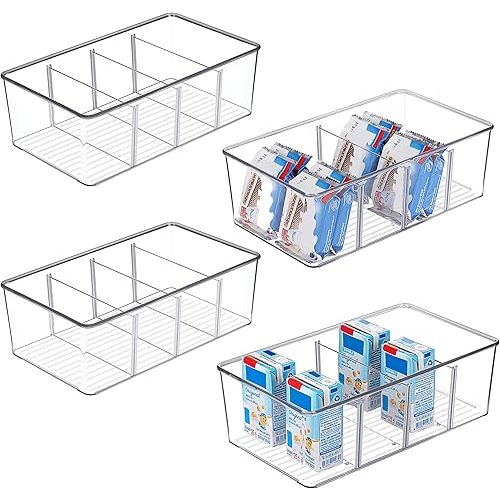 Vtopmart 6 Pack Food Storage Organizer Bins, Clear Plastic Bins for Pantry, Kitchen, Fridge, Cabinet Organization and Storage, 4 Compartment Holder Packets, Snacks, Pouches, Spice Packets