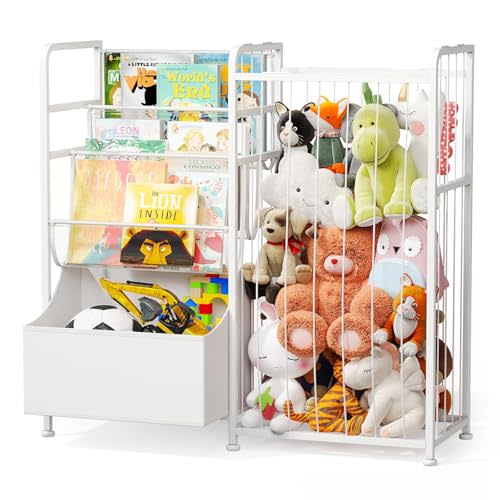 BBLIKE Kids Bookshelf and Toy Storage with Toy Bins, Stuffed Animal Storage | 31.49"x30.9"x11.81", Wood and Metal Frame, Anti-Tip Belt, Removable Toy Chest, Toy Organizer for Nursery, Playroom, White