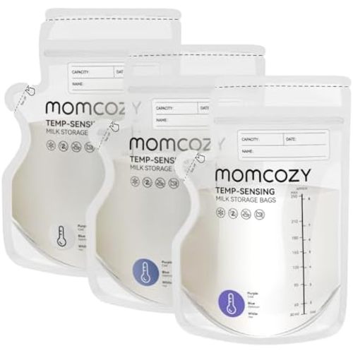 Momcozy Easy Pour Breastmilk Storage Bag, 8Oz, Temp-Sensing Color Change, 120 Count Milk Bag with Self Standing for Breastfeeding, No Leak Presterilized for Freezer, Recyclable & BPA Free