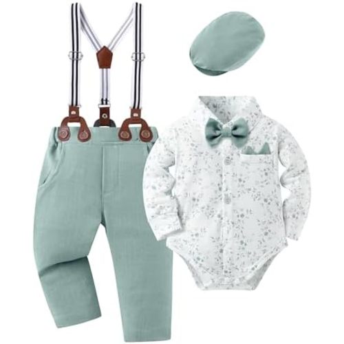 Baby Boy Outfits Suits Infant Formal Dress Clothes Gentleman Wedding Print Shirt+Beret Hat+Suspender Pants+Bowtie