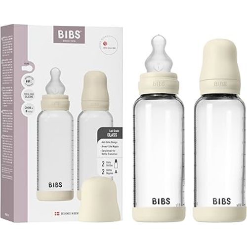 BIBS Baby Glass Bottle 2-Pack 240 ml. Anti-Colic. Vented Round Silicone Nipple. Supports Natural Breastfeeding, Complete Set - 240 ml (Pack of 2), Ivory