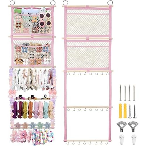 Headband Holder, 17x50in Bow Holder for Girls Hair Bows W/ 2 Mesh Pockets & 24 Metal Hooks, Baby Headband Bow Organizer, Wall Hanging Hair Accessories Storage for Toddler Room Nursery Decor(Pink)