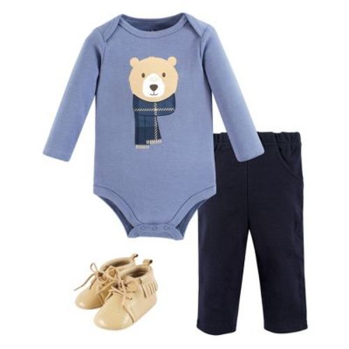 Hudson Baby Infant Boys Cotton Bodysuit, Pant and Shoe Set, Scarf Bear, 0-3 Months