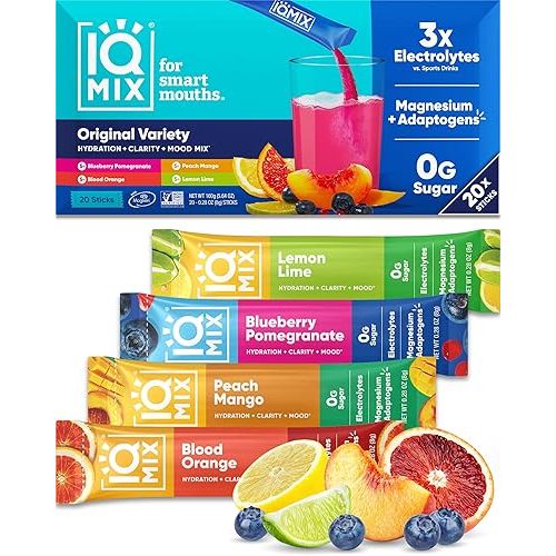 IQMIX Hydration Electrolyte Powder – 4-in-1 Formula for Hydration, Mental Clarity, Mood and Recovery – Sugar-Free Drink Mix, Keto, Magnesium L-Threonate, Lion’s Mane – 20 Count Variety Pack