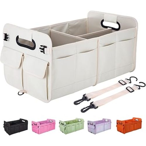 Trunk Organizer For Suv & Sedan,Car Organizers and Storage, Waterproof Collapsible & Adjustable Straps,75L Sturdy Car Organization for Car Accessories, Tools,Sundries,2-3 Compartment（Beige）