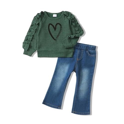 SODLON Baby Toddler Girl Clothes Sweatshirt Jeans Fall Winter Outfit 12M-5T | Little Girls Clothing, Long Sleeve Ruffle Pullover Flare Denim Pants, Cute Kids Outfits for School, Holiday, Photos and Gifts