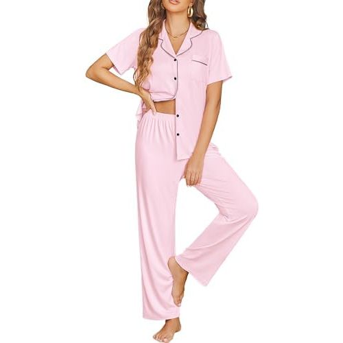 Ekouaer Womens Pajama Sets Button Down Pjs 2 Piece Short Sleeve Sleepwear with Pants Soft Loungewear