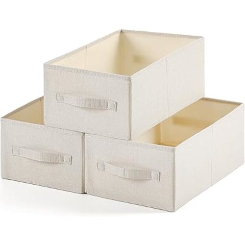 Linen Folding Storage Bins, 3 Pack Large Storage Baskets, Washable, Clothing Storage Bins with Handle, Closet Organizer for Storage Sweater,Sheets(Beige, 18½"x11" x8½")