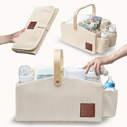 Diaper Caddy Organizer With Portable Changing Mat, LED Night Light, Wooden Handle & Shoulder Strap - Stylish Nursery Basket With Dividers - Newborn Essentials