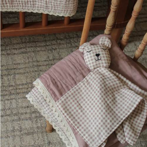 Mauve Solids + Gingham Blanket + Bear Lovey SET