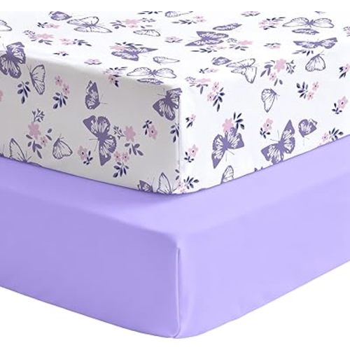 Cloele Crib Sheets 2 Pack for Boys Girls,Fitted Baby Crib Sheets for Standard Crib & Toddler Mattress 52"x28",Soft Breathable Nursery Bed Sheets(Purple Butterfly&Purple)