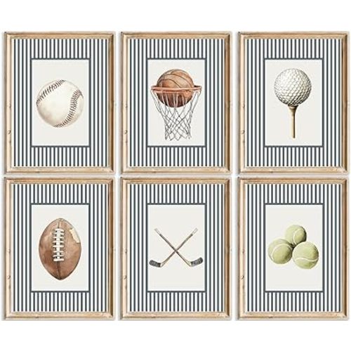 Nursery Sports Wall Art Toddler Boys Room Canvas Wall Decor Vintage Sports Themed Prints Baseball Football Pictures Golf Basketball Tennis Posters Artwork for Kids Playroom Bedroom 8x10x6 In Unframed