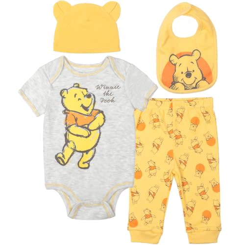 Disney Winnie the Pooh Baby 4-Piece Bodysuit Pants Bib and Hat Set