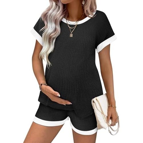 Ekouaer Women's Waffle Knit Maternity Pajamas 2 Piece Outfits Short Sleeve Tops and Shorts Loungewear Set Pregnancy Clothes