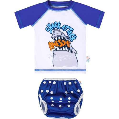 ALVABABY Baby Swimsuit,Infant Toddler Bathing Short Sleeve Swimwear,Baby Reusable Swim Diaper with Matching Top for Boy Girl