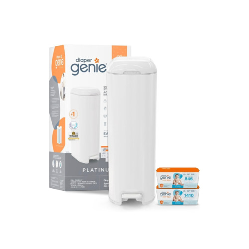 Diaper Genie Platinum Diaper Pail Gift Set | Hands-Free Odor Control with Foot Pedal | Stainless Steel Baby Diaper Pail | Includes 2 Easy Roll Refills 48 Bags Total | Baby Registry Must-Have