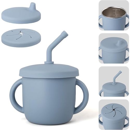 4-in-1 Stainless Steel Silicone Sippy Cup, 8.5oz Toddler Open Cup with Straw, Sippy & Snack Lids, For Baby Led Weaning, Toddlers 1-3 Years Trainning Kids Drinking, Dishwasher Safe,Cloudy Blue