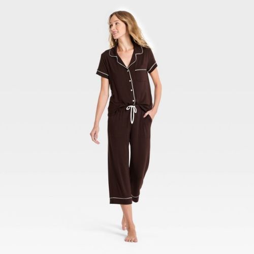 Women's Cloud Knit Short Sleeve Notch Collar Top and Cropped Pants Pajama Set - Auden™ Brown S