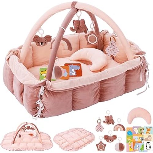 5-in-1 Plush Baby Play Gym & Activity Mat, Baby Play Mats, Baby Gym with Convertible Design, Tummy Time Mat with Pillow, 6 Sensory Toys for Newborn to Toddler, Pink