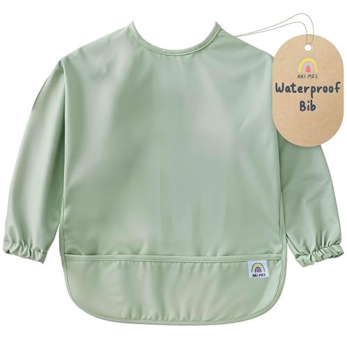 ARI MES Waterproof Long Sleeve Baby Bib for Eating-Green, Large-Toddler Smock with Catch-All Pocket, BPA Free, Machine Washable, Wearable Feeding Bib for Boys & Girls 6-72 Months