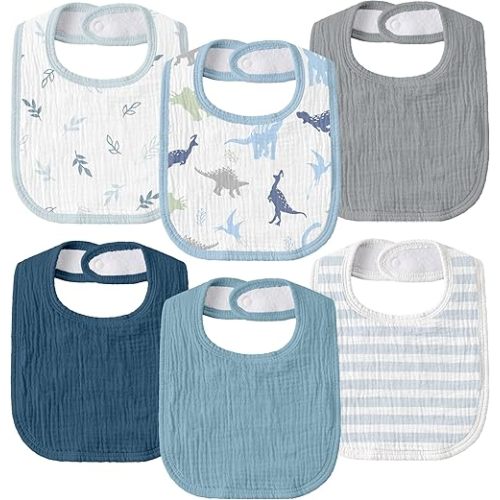 GLLQUEN BABY Muslin Drool Bibs for Boys 6 Pack, Adjustable Baby Bibs for Drooling and Teething, Soft Cotton Baby Bandana Bib for Newborn Feeding Essentials (Blue Dino Pals)