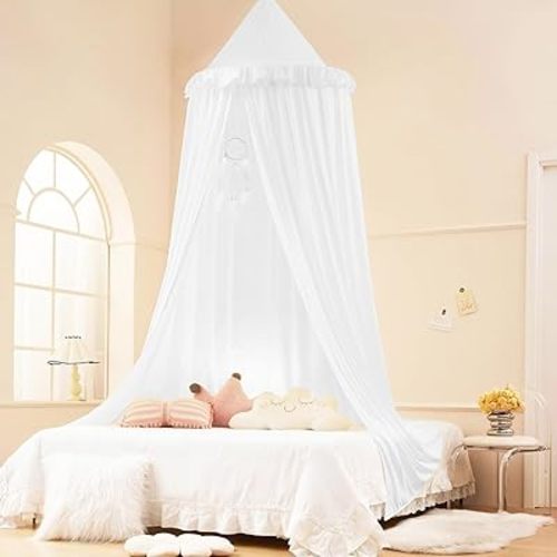 Akiky Kids Bed Canopy for Crib & Twin Size with Ruffles Dreamcatcher, Boys Princess Girls Nursery Room Decor Toddler Baby Dome Round Hanging Tent Curtains Skirt Over Bed Reading Nook Play Tents White