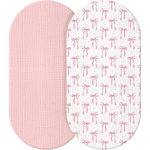 Breling 2 Pcs Muslin Pink Bow Bassinet Sheets for Baby Girl Soft and Breathable 100% Cotton Bassinet Baby Bed Sheets Fitted Coquette Bow Mattress Cover for 32''x 16'' Oval Cradle