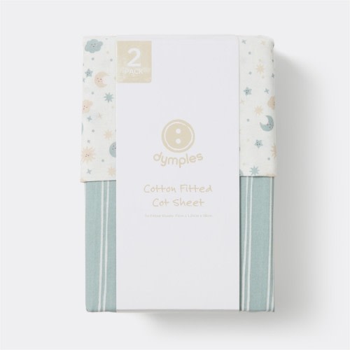 Dymples Cotton Fitted Cot Sheet 2 Pack - Moons/Stripes