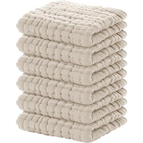 Yoofoss Muslin Baby Washcloths 100% Organic Cotton Face Towels 6 Pack Wash Cloths for Baby 12x12in Soft and Absorbent Baby Wipes(Apricot)