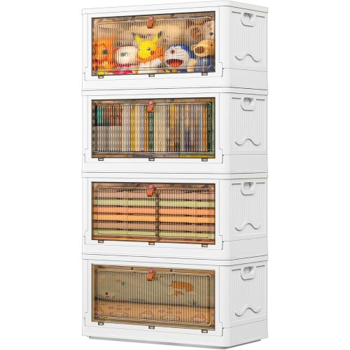 4 Tier Plastic Storage Bins with Lid 23QT, Stackable Storage Containers with Wheels, Folding Storage Boxes, Collapsible Storage Bins, Closet Organizers and Storage for Living Room,Office,Dorm