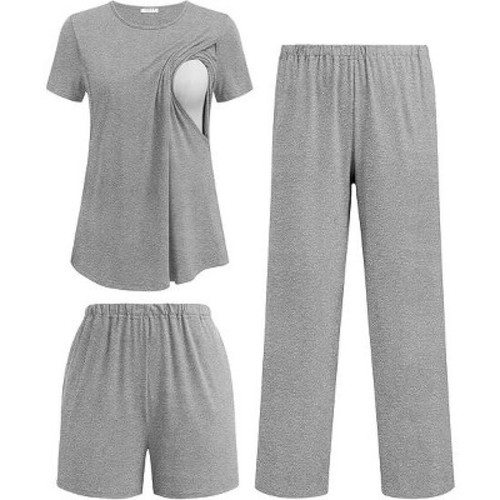 Ekouaer 3 Piece Maternity Pajamas Set Postpartum Nursing Short Sleeve Breastfeeding Sleepwear Pregnancy Shorts & Pants Pjs Grey L