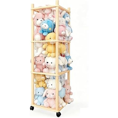 Stuffed Animal Zoo Storage - Sturdy Solid Wood Toy Organizer with Lockable Wheels, Easy-Assemble/Clean, Large Capacity Plush Toy Cage, Space-Saving for Toddler/Playrooms/Bedrooms