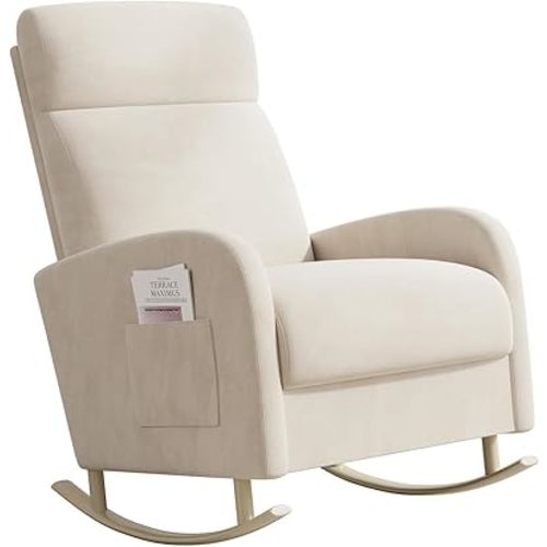 Rocking Chair Nursery, Upholstered Glider Chair with Side Pocket, Modern Nursery Chair with High Backrest and Rubber Wood Legs, Accent Armchair for Living Room Bedroom Indoor (Beige Velvet)
