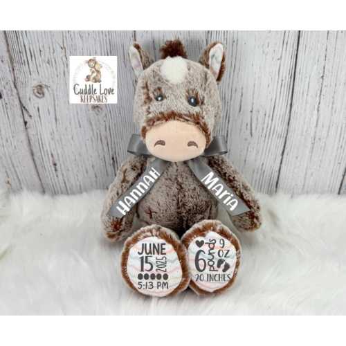 Horse Birth Stats Stuffed Animal, Personalized Plush Pony Birth Announcement, Custom Plush Newborn Baby Boy Girl, Birth Stats Horse Farm