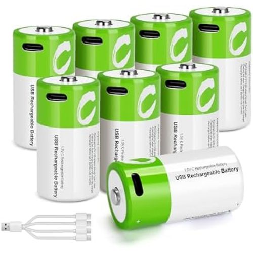 C Batteries Rechargeable with USB 4 in 1 Cable 8 Pack C Size Cell Lithium Batteries LR141.5V Li-ion Power for Long-Lasting Use in Floodlights