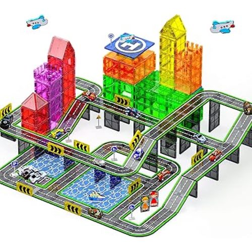 121PCS Magnetic Tiles Road Set with Pullback Cars. Magnet Tiles for Building Construction Toys with Ship, Airplane, Traffic Sign, STEM Magnetic Tiles for Kids Ages 4-8, Educational Gifts for Ages 3+
