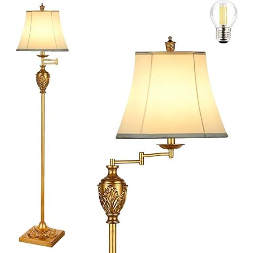 Traditional LED Floor Lamp with 350° Adjustable – Vintage Pole lamp Swing arm for Living Room, Bedroom and Office – Rustic Upright Floor Light for Home Décor with Faux Silk Fabric Shade